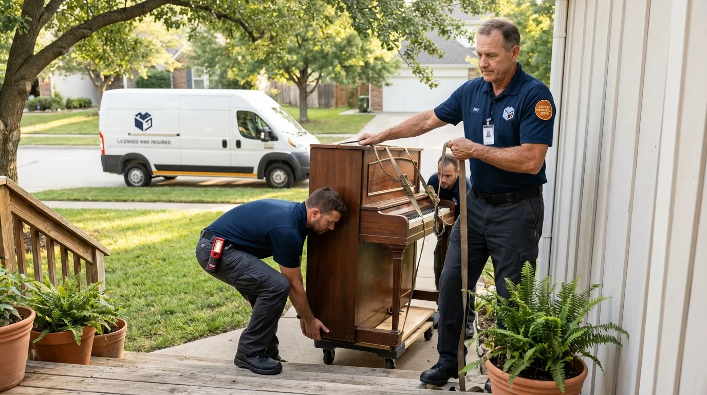 Licensed piano movers securing grand piano in Meridian, MS