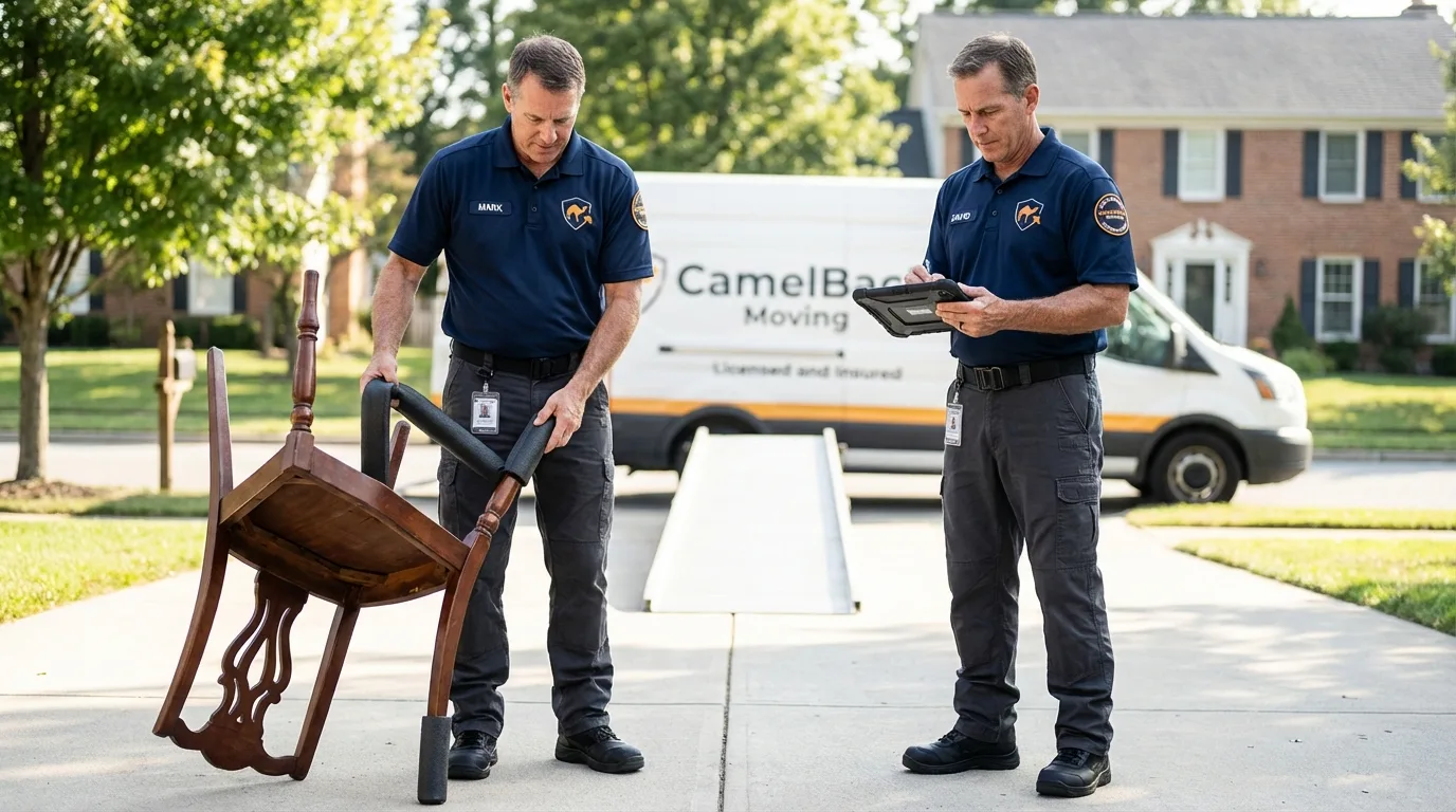 Movers inspecting furniture for damage prevention before loading in Meridian, MS